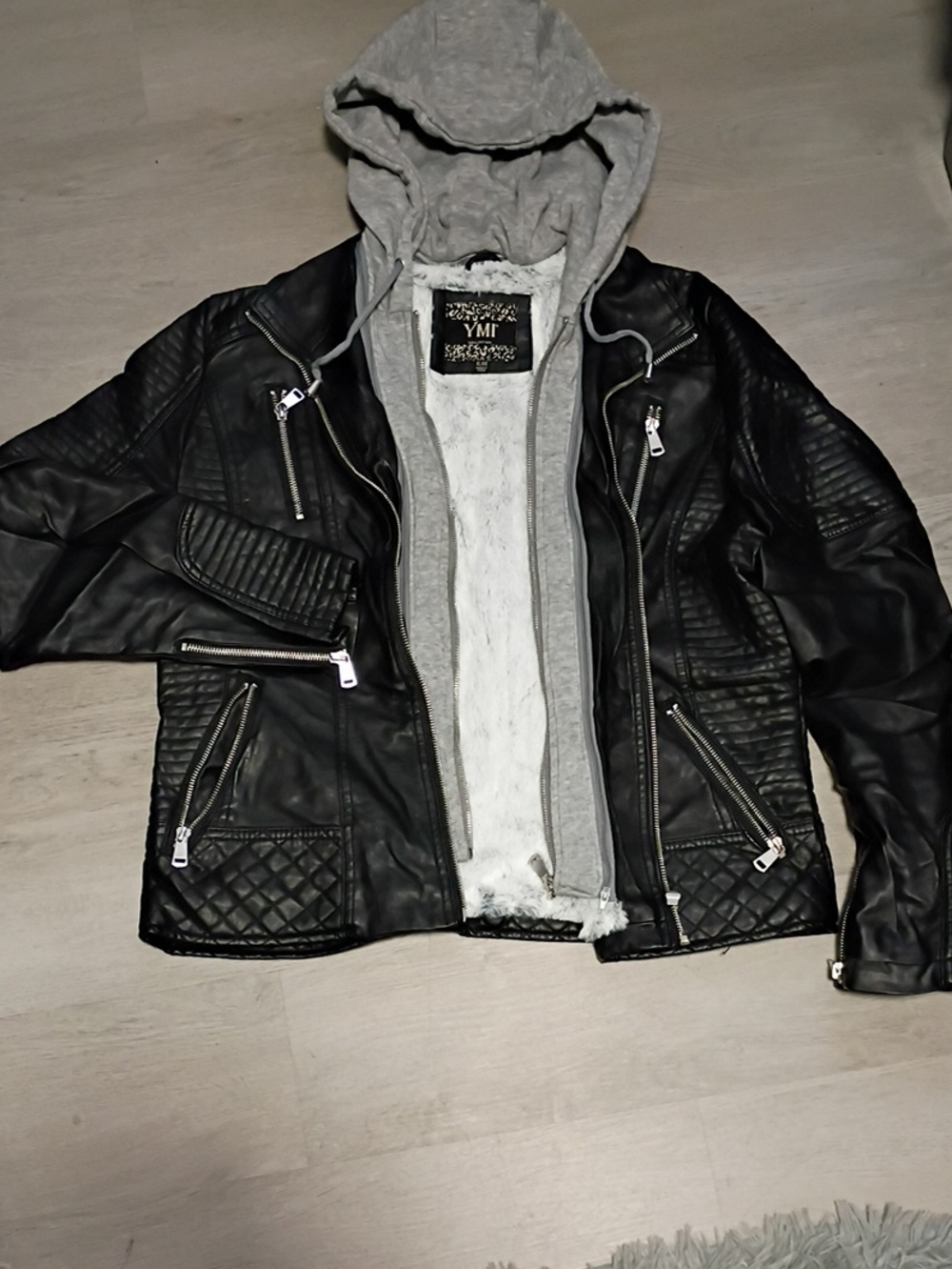 YMI Black Quilted Faux Leather Jacket with Gray Hooded Liner